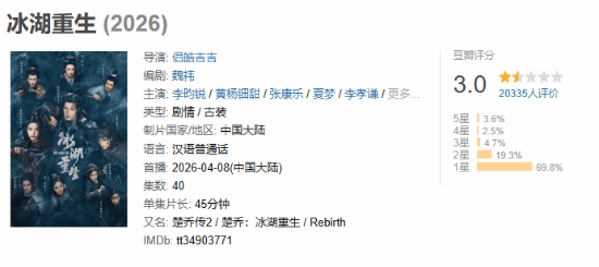 今年最拉的剧出现了！《冰湖重生》豆瓣仅3分：《楚乔传》原班人马制作
