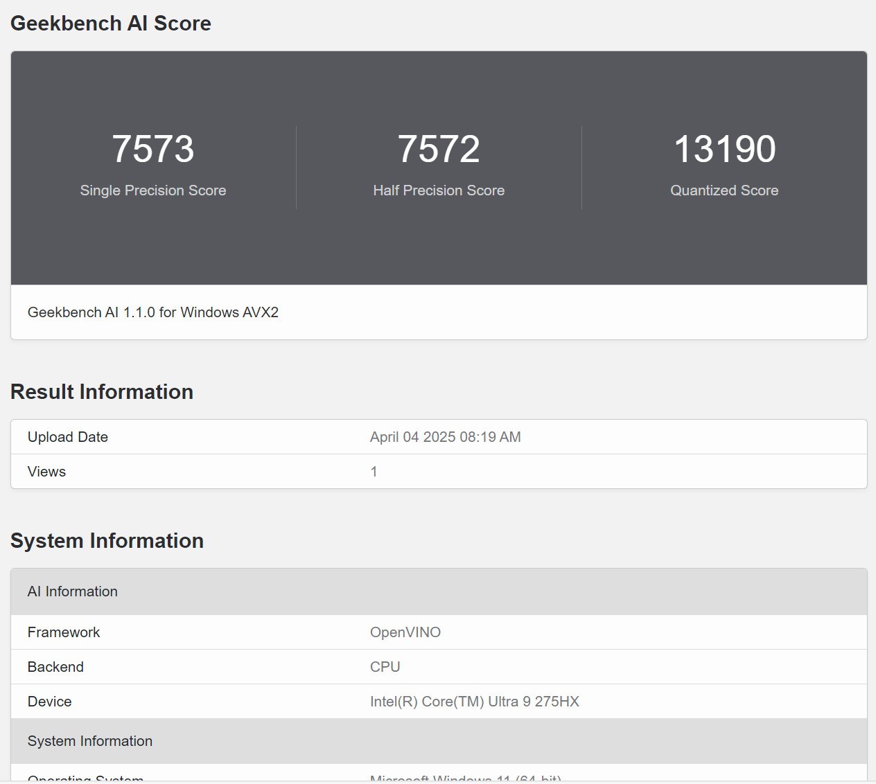 Geekbench AI CPU性能测试