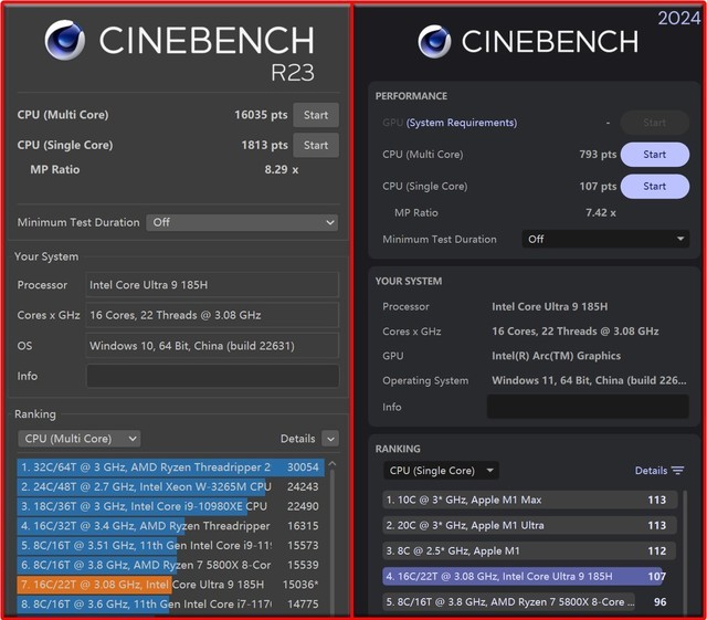 Intel 酷睿 Ultra 9 185H CINEBENCH 2024 测试成绩