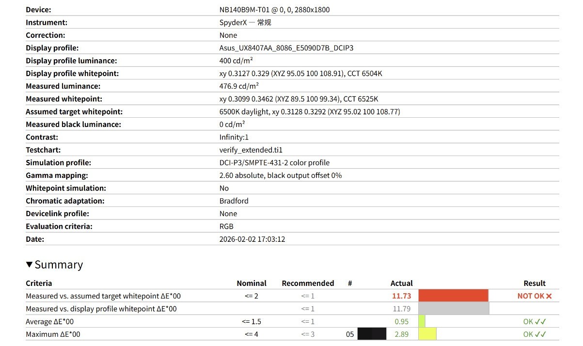 华硕灵耀14 双屏 2026 色准测试