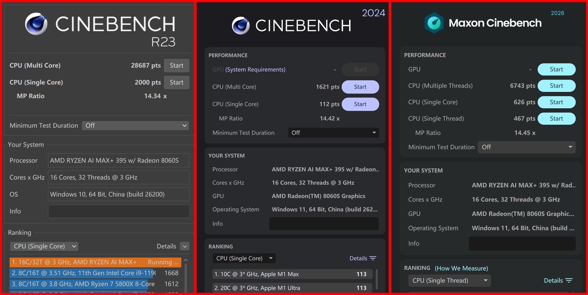 CINEBENCH R23/2024/2026 跑分对比