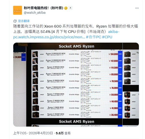 AMD锐龙CPU日本涨价超50%