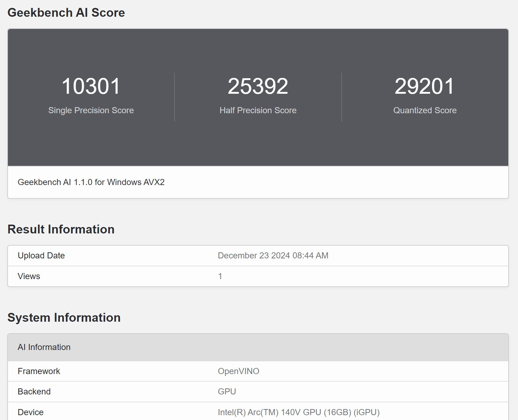 ThinkPad X1 Carbon Aura AI元启版 - Geekbench AI GPU测试结果