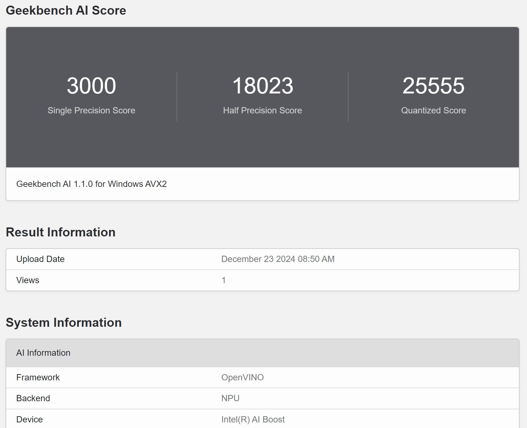 ThinkPad X1 Carbon Aura AI元启版 - Geekbench AI NPU测试结果