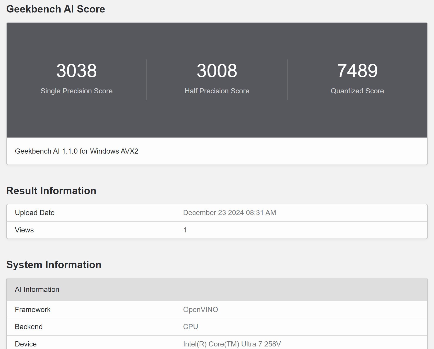 ThinkPad X1 Carbon Aura AI元启版 - Geekbench AI CPU测试结果