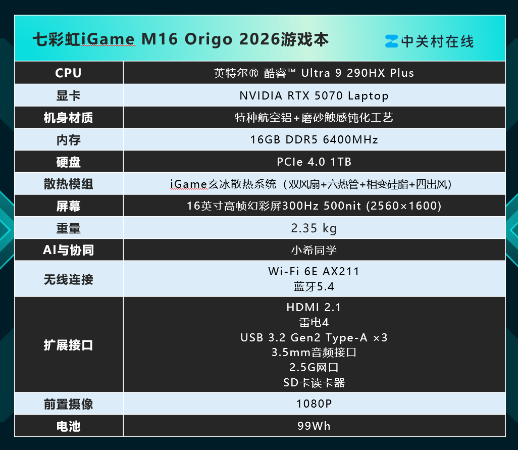 iGame M16 Origo 2026 游戏本 300Hz 屏幕