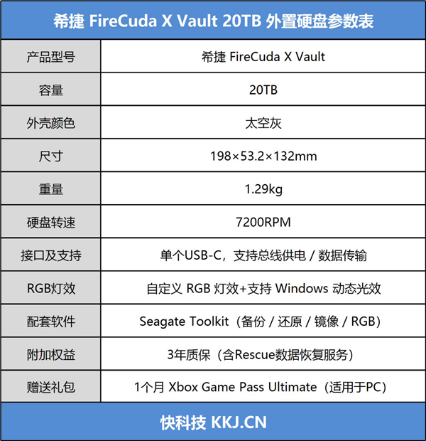 彻底告别电源适配器！希捷FireCuda X Vault 20TB外置硬盘评测：自带RGB的游戏扩容神器