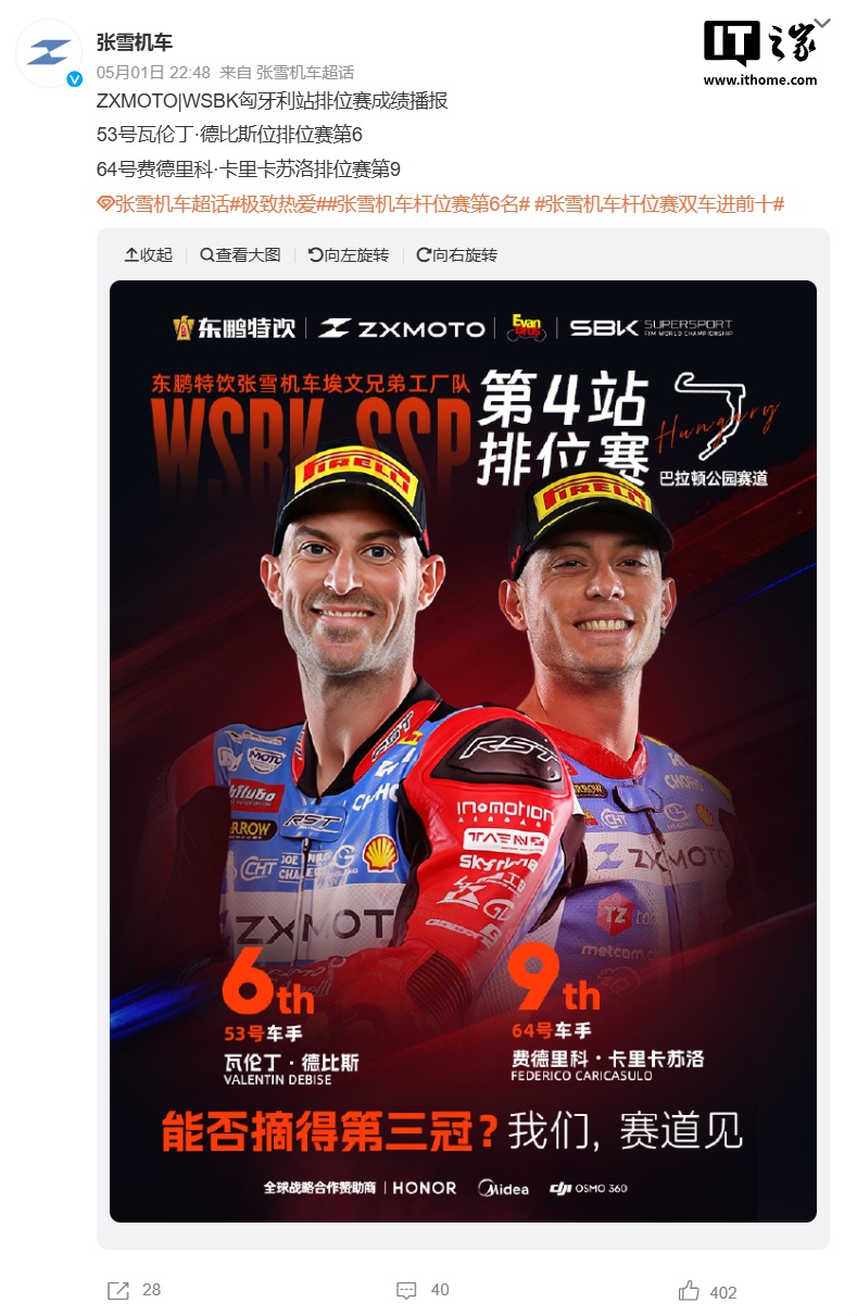 张雪机车 WSBK 匈牙利站超级杆位赛排名