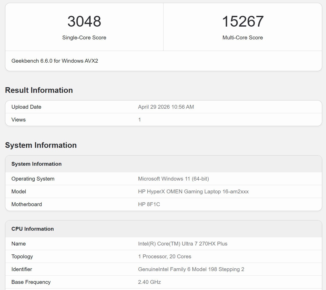英特尔酷睿Ultra7 270HX Plus Procyon 照片编辑测试